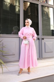Resim Tesettür Diyarı Bağlama Detaylı Çizgili Tesettür Elbise Pembe 