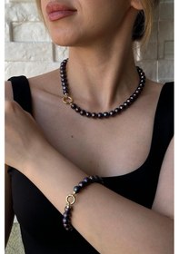 Resim 9,5 Mm Doğal Siyah İnci Bileklik 19 Cm / Sarı Sarı Sarı Altın 