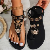 Resim Bohemian Tarzı Boncuklu Düz Sandaletler - Çok Amaçlı Tatil İçin, Elastik Ayak Bileği Kayışı ve Çiçek Desenli Tasarım, Rahat Plaj Ayaqqabısı | Bohem Moda Ayakkabıları | Dayanıklı Kauçuk Tabanlı 