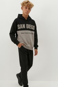 Resim Erkek Çocuk Kapüşonlu Baskı Detaylı Parçalı Sweatshirt - Turuncu / 10-11 Yaş 