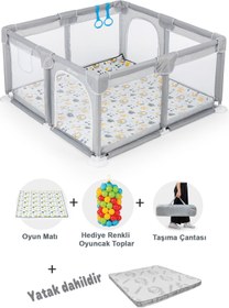 Resim Playard Güvenli Bebek Ve Çocuk Oyun Alanı Oyun Parkı 120x120 Oyun Matı Topları Ve Yataklı - Açık Gri 