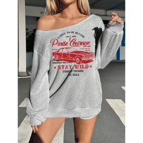 Resim Kadınlar için Omuzdan Grafik Sweatshirt - "Kalmaya Kal" Yarış Arabası Baskısı, Gri Uzun Kollu Crop Top, Günlük ve Kıyafetler için, Tüm Mevsimler için Rahat Uygunluk, Günlük Giyim | Omuzdan Üst | İnşaat, Bayanlar Sweatshirtleri 