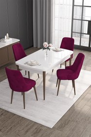 Resim Canisa Roy Serisi 80x132 Mdf Beyaz Masa Ceviz Ayak Masa Takımı Ve 4 Mürdüm Sandalye 