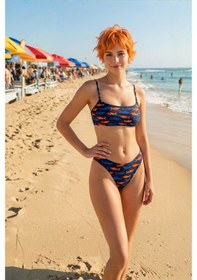 Resim Akdeniz Suları Mavi & Kehribar Balık Desenli Premium Bandeau Bikini Set-3467 