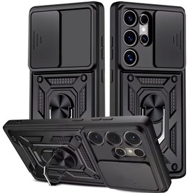 Resim S25 Ultra, S24 Ultra, S23 Ultra, A15, A55, A16 ile uyumlu metal bir standa sahip ağır hizmet tipi şok geçirmez telefon kılıfı. 