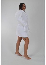 Resim Kapşonlu Unisex Wellsoft Peluş Bornozl--L - XL-BEYAZ-SABAHLIK 