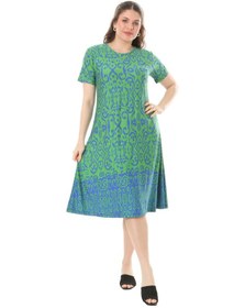 Resim Melsay Butik Yeşil Kilim Desen Kısa Kollu Büyük Beden Midi Elbise Yeşil 