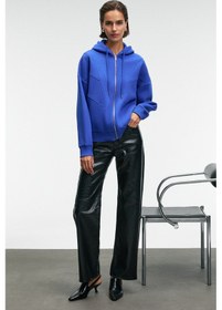 Resim Grimelange VYSELLE Kadın Önü Kesikli Metal Fermuarlı Kapüşonlu Etiket Detaylı Oversize Mavi Sweatshirt 