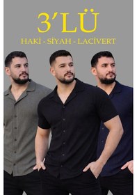 Resim Assema Erkek Waffle Dokuma Açık Yakalı Düğmeli Regular Kalıp 3 Lü Gömlek Seti - Siyah, Haki, Lacivert Çok Renkli 