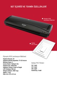 Resim Olympia A330 Laminasyon Makinesi (A3) + 15 PVC FİLMİ 