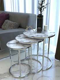 Resim Sedaş 3' Lü Beyaz Mermer Temperli Cam Nikel Gümüş Metal Sehpa Beyaz Mermer 