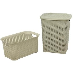 Resim Sağlam Plastik Rattan Hasır Görünümlü Kirli Çamaşır Sepeti- Çamaşır sepeti 2'li Set Çölbeji 