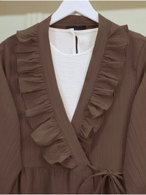 Resim MODAQU Yaka Fırfırlı Yan İp Bağlamalı Kimono - Kahverengi 