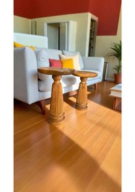 Resim 2 Li Masif Ahşap Yan Sehpa Takımı Doğal Tik Renk Zigon Ve Fiskos Model Tik Ağacı 