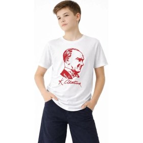 Resim Erkek Çocuk Atatürk Baskılı Tişört Kısa Kollu Bisiklet Yaka T-Shirt - Beyaz 