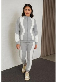 Resim Tarzyeri Kadın Premium Parçalı Eşofman Alt-üst Takım - Dik Yaka Fermuarlı Sweatshirt - Gri Beyaz 