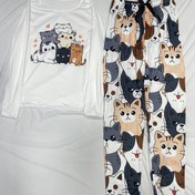 Resim Bayan Sevimli Kedi Baskılı Pijama Takımı, Kurdele Detaylı Yuvarlak Yaka Uzun Kollu Üst, Bel Lastikli Pantolon, Çizgi Film Desenli, Sevimli Pijamalar ve Ev Giysileri 