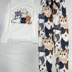 Resim Bayan Sevimli Kedi Baskılı Pijama Takımı, Kurdele Detaylı Yuvarlak Yaka Uzun Kollu Üst, Bel Lastikli Pantolon, Çizgi Film Desenli, Sevimli Pijamalar ve Ev Giysileri 