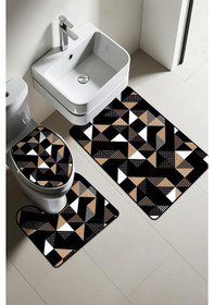 Resim Modern Desenli Dijital Baskı 3 Lü Banyo Paspas Takımı Yıkanabilir Kaymaz Tabanlı Klozet Takımı Klz0016 Renkli 