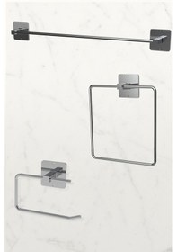 Resim Karteya Yapışkanlı Gümüş Uzun Havluluk Wc Kağıtlık Ve Kare Havluluk Banyo Mutfak 3'lü Set Krom 