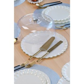 Resim Glore Solid Krem Wavy Platin Yaldızlı Cam Kek Fanusu 