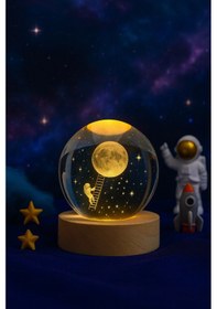 Resim 3d Ay Merdiveni Temalı Kristal Küre Gün Işığı Led Gece Lambası Usb'li Ahşap Standlı Led Lamba 