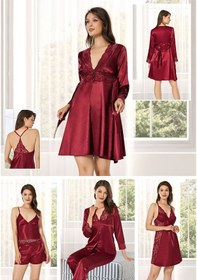 Resim Kadın Bordo Saten Çeyiz Seti 6 Parça Dantelli Sabahlık Gecelik Pijama Şortlu Takım Bordo 