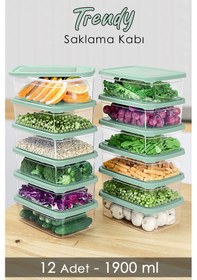 Resim Meleni Home 12 Adet Dikdörtgen Erzak Saklama Kabı Mikrodalgaya Uygun Düzenleyici Organizer 1900 ML Yeşil 