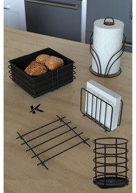 Resim Karteya 5'li Servis Sunum Seti Ekmek Sepeti Havluluk Peçetelik Nihale Kaşıklık Ekmeklik Siyah 