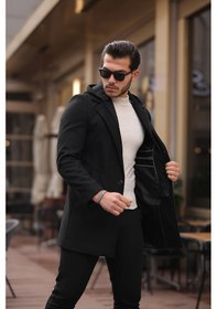 Resim Erkek Siyah Yün Karışımlı Kaşe Kapüşonlu Önü Fermuarlı Ve Düğmeli Kaban Siyah 