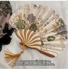 Resim Hightower Altın Rengi Vintage Çiçekli Katlanır Yelpaze - Püsküllü El Yapımı Türk Aksesuarı 