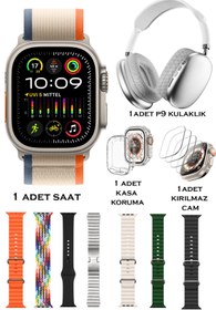 Resim TECHNOMEN Akıllı Saat Y60 Ultra Plus 49mm P9 Bluetooth Kulaklık 7 Kordon Kasa Koruma Kırılmaz Cam Hediye 