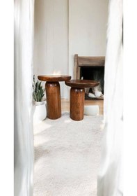 Resim Wood Ahşap 2 Li Set Mantar Kestane Renk Yan Sehpa Modern Fiskos / Çiçeklik / Zigon Kahverengi 