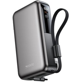 Resim YESIDO YP90E Dijital Göstergeli 10.000 mAh 22.5W PD Hızlı Şarj Destekli Makaralı Type C ve Lightning Kablolu 5in1 Powerbank - Siyah 
