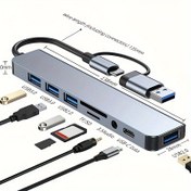 Resim THLAN 8-Port USB 3.0 ve Type-C Hub, Ses Mikrofonu, Micro SD/TF Kart Okuyucu ile Çift Amaçlı, Dizüstü Bilgisayarlar, MacBook Pro, iMac, iPad Pro için - Şarj Edilmemiş Güç Modu, Elektronik Bileşenler Dahil 