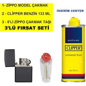 Resim İthal Siyah Çakmak+ Clipper Benzin 133 Ml + 5 Li Çakmak Taşı Set 