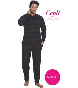 Resim Alimer Erkek 3 Düğme Çizgili Kışlık Pamuklu Selanik Kumaş Uzun Manşetli Kol Cepli Pijama Takımı Lacivert-yeşil 