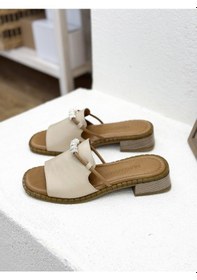 Resim 25y048 Taş Detaylı Hakiki Deri 3cm Kalın Topuklu Terlik Kadın Bej 