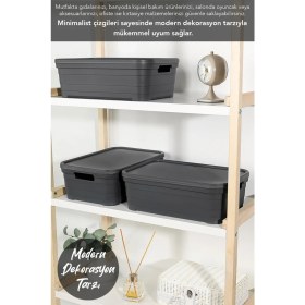 Resim Meleni Home 6 Adet Kapaklı Dekoratif Piramit Saklama Kutusu - Dolap Düzenleyici Organizer 8,2 Litre Antrasit 