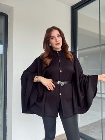 Resim Kemerli düğmeli panço-SİYAH - STD 