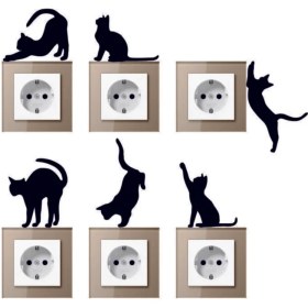Resim 6'lı Priz Kedi Özel Yeni Sticker Set Siyah Etiket Duvar Özel Yeni Sticker 