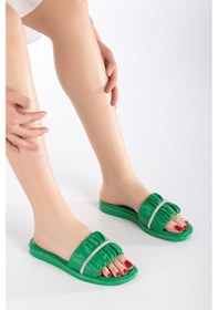 Resim Cilt Büzgülü Taşlı Yeşil Kadın Düz Topuk Terlik-2428-yeşil Yeşil 