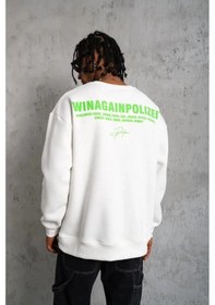 Resim Erkek Oversize Sweatshirt - Beyaz Renk Ön Ve Sırt Baskılı, Üç İplik İçi Pamuklu Kumaş, Rahat Kalıp, Ribanalı Kışlık Sweat Winagain Polizei Serisi - Beyaz Siyah 