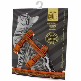 Resim Cattie Desenli Kedi Göğüs ve Gezdirme Tasma Aparatı Turuncu 1x25-40 Cm 