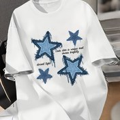 Resim 1011 Launch Dört Yıldız Sanat Desenli Kadın T-Shirt, Yuvarlak Yaka Yaz Modası Sanat Tişörtü, Günlük Tatlı Kalp Üst 