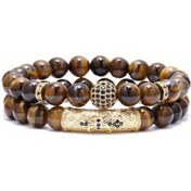 Resim 2'li Set 8mm Kaplan Gözü Taşlı Elastik Bileklik - Erkekler ve Kadınlar İçin Doğal Taş Bilezik, Sevgiliye, Babaya, Oğula Uygun Hediye 