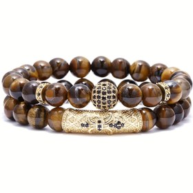 Resim 2'li Set 8mm Kaplan Gözü Taşlı Elastik Bileklik - Erkekler ve Kadınlar İçin Doğal Taş Bilezik, Sevgiliye, Babaya, Oğula Uygun Hediye 