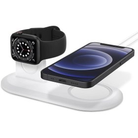 Resim Spigen MagFit iPhone & Apple Watch için Stand Dock Şarj Ünitesi Duo 2in1 White - AMP02797 