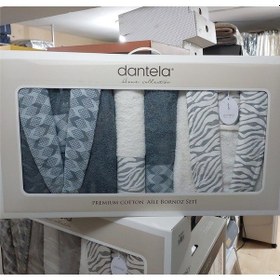 Resim Dantela Premium Cotton Jakarlı Aile Bornoz Seti-Mery Krem Petrol Petrol - Krem 