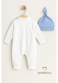 Resim Babyden's Mini Boss Erkek Bebek Tulum Ve Şapka Seti Yenidoğan Papyonlu Bebek Tulumu %100 Pamuk Mavi 